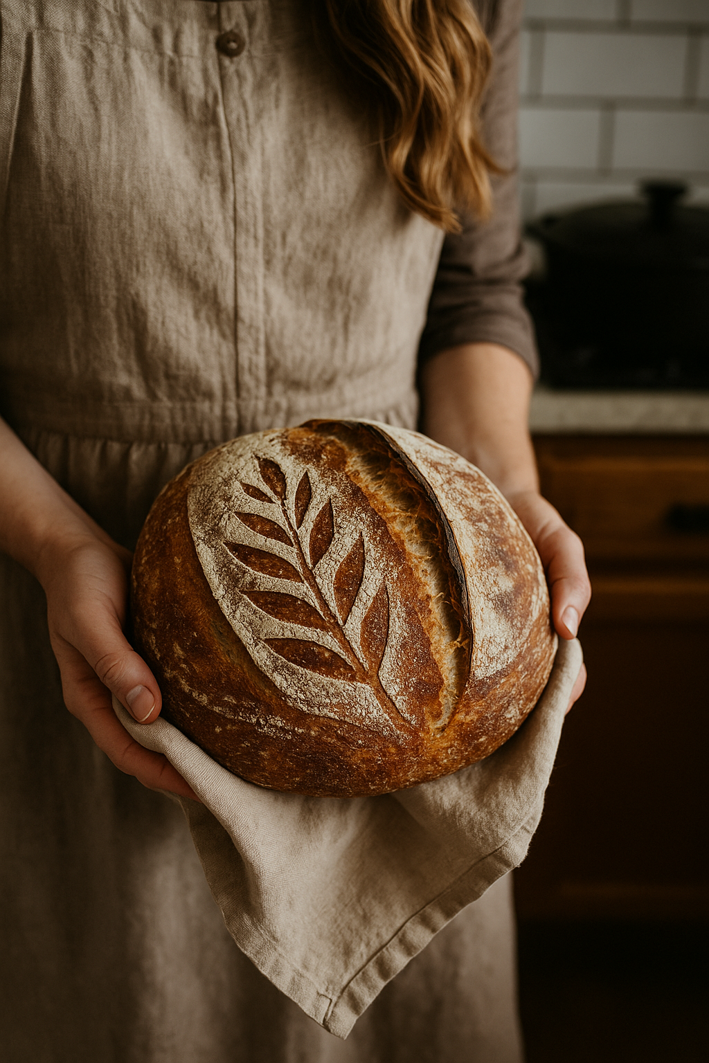 Beautiful artisan sourdough bread with perfect leaf scoring pattern